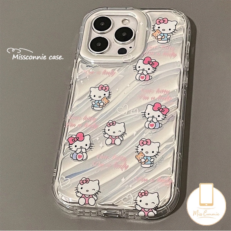 Doodle Kartun Lucu Hello Kitty Kartu Laser Casing Bening Kompatibel Untuk IPhone XR 11 12 13 14 Pro MAX 78 Plus 6 6S 7 8 Plus X XS MAX SE 2020 Sarung Pola Kerut Stereo 3D