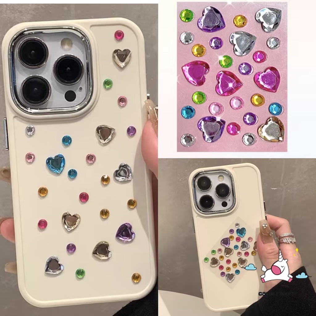 Casing Persegi Plating Mewah Warna Solid Sederhana Kompatibel Untuk iPhone 7Plus 11 8Plus 13 14 11 12 Pro MAX XR X XS MAX Warna-Warni Cinta Hati Berlian Casing Ponsel Dengan Dekorasi Stiker