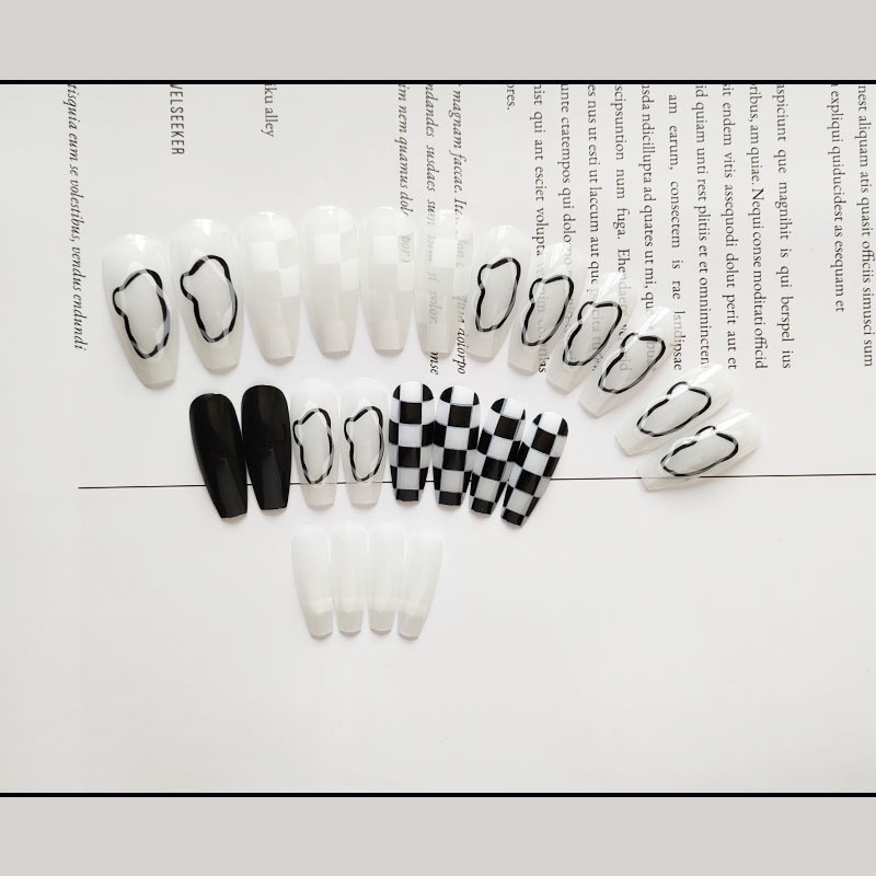 Checkerboard Hitam Putih on Nails Lem Jelly Pada Paku Dengan Desain Isi 24pcs Untuk Wanita Dan Anak Perempuan