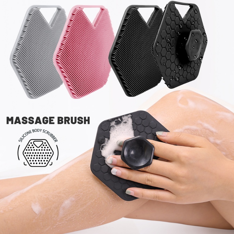 Sikat Mandi Scrubber Tubuh Poligonal Minimalis Nyaman Dengan Pegangan Sikat Pembersih Pijat Silikon Food grade Lembut Shower Tools