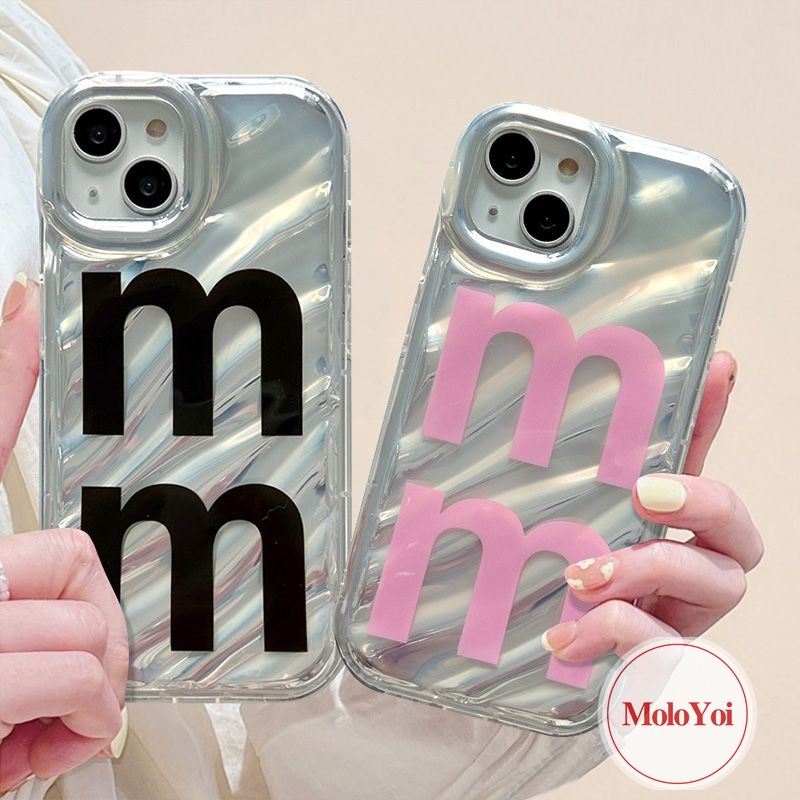 IPHONE Soft Case Busur Pita Pink Kompatibel Untuk Iphone11 14 13 12 Pro MAX 7Plus XR XS X Max7 6 6S 8plus SE 2020huruf Simple M 3D Stereo Corrugation Dengan Penutup Stiker Hati Berlian