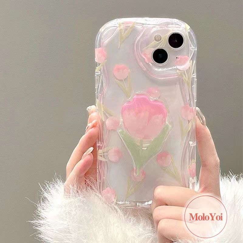 3d Wavy Curved Edge Fresh Flowers Tulip Case Kompatibel Untuk iPhone XR XS X Max11 12 14 13 Pro Max7 6 6s 8 Plus SE 2020 Stand Phone Bunga Dengan Braket Bunga Soft Cover