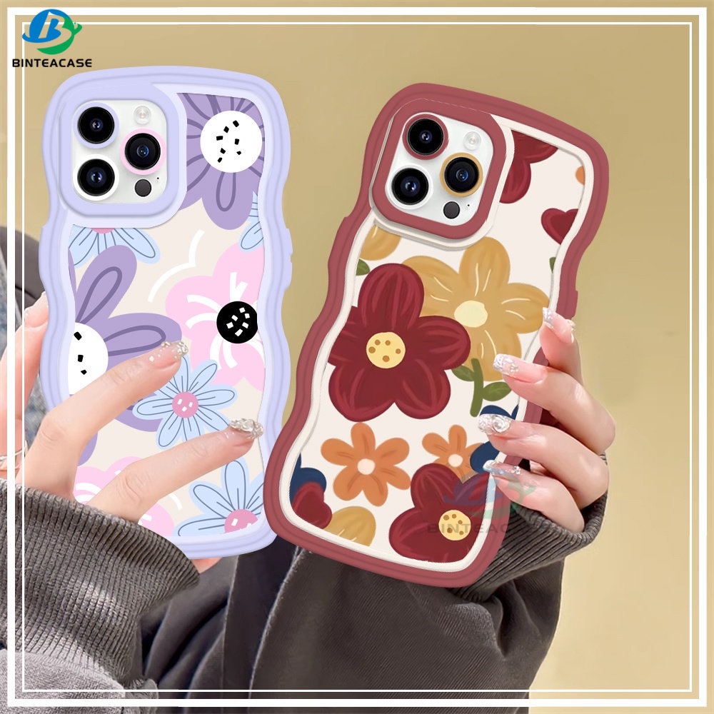 Iphone 14 14 Pro MAX IPhone13 Pro MAX 11PRO 11PRO MAX 12 12Pro MAX XR XS Max6 6S 7 8 Plus SE 2020lukisan Minyak Bunga Wave Edge TPU Phone Case Binteacase