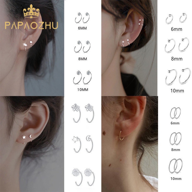 Papaozhu 1pasang Korea S925 Perak Kecil Bulat Kristal Anting Hoop Untuk Wanita Gadis Fashion Cuff Earring Chic Telinga Tulang Klip Perhiasan