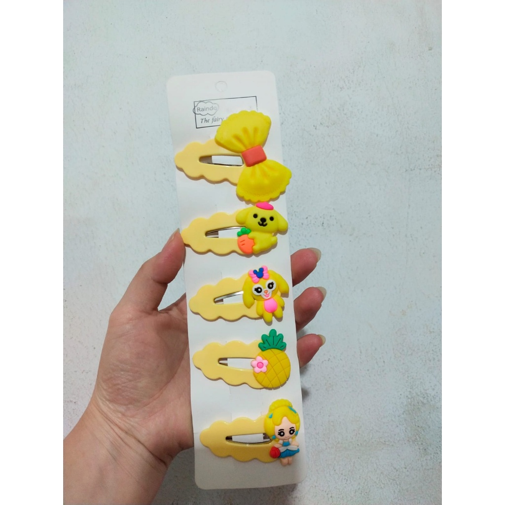 J14 - JEPITAN KLIP BAHAN IMPORT MOTIF BERUANG KELINCI BARBIE JEPITAN RAMBUT KARTUN 5 IN 1 - BDC