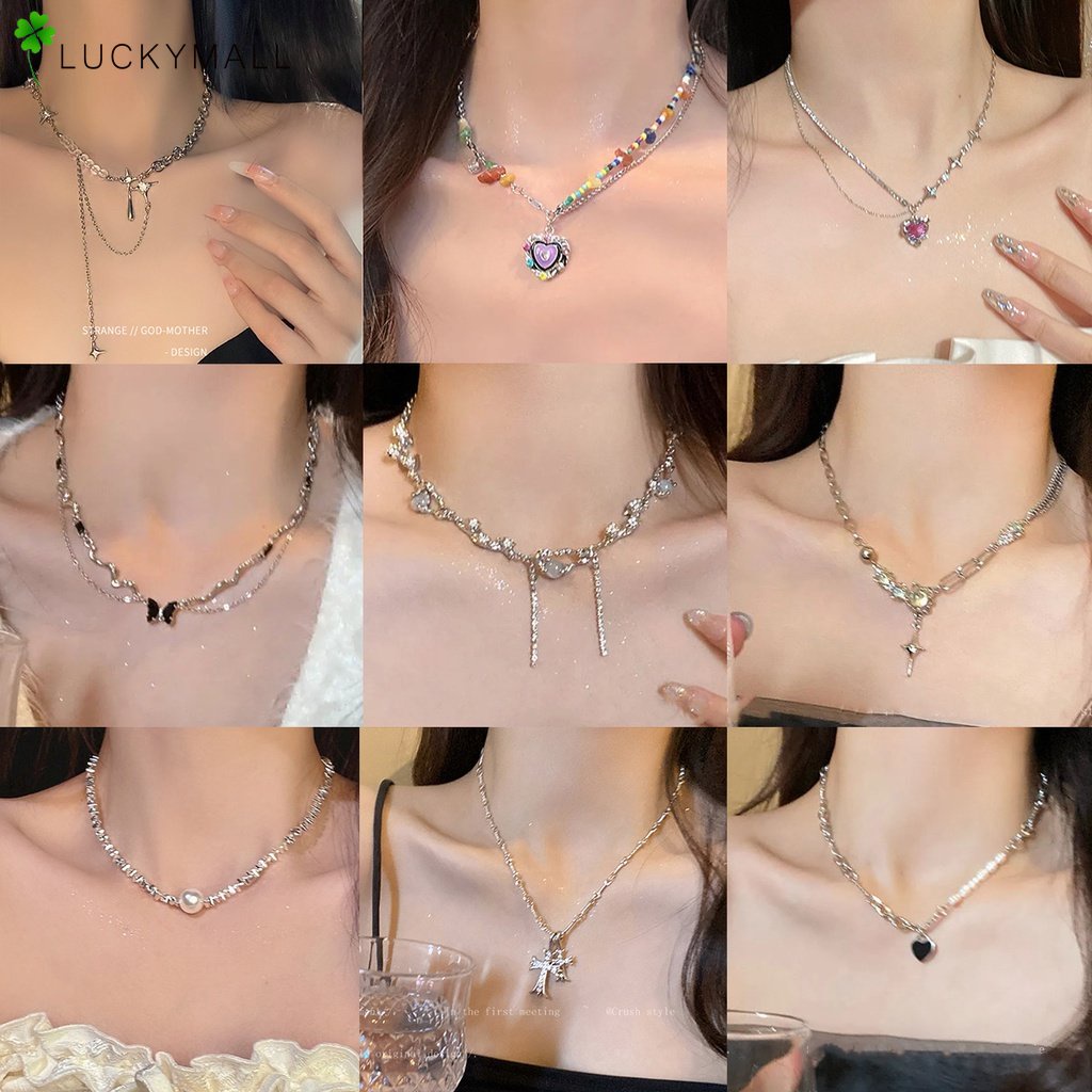 Fashion Mutiara Kristal Opal Jantung Kalung Korea Y2k Perak Rantai Butterfly Cross Choker Untuk Wanita Perhiasan Aksesoris