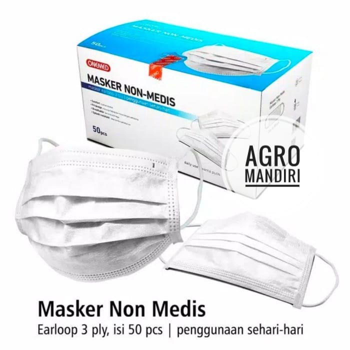 Masker Non Medis Karet / Earloop 3 ply OneMed 1 Kotak isi 50 pcs