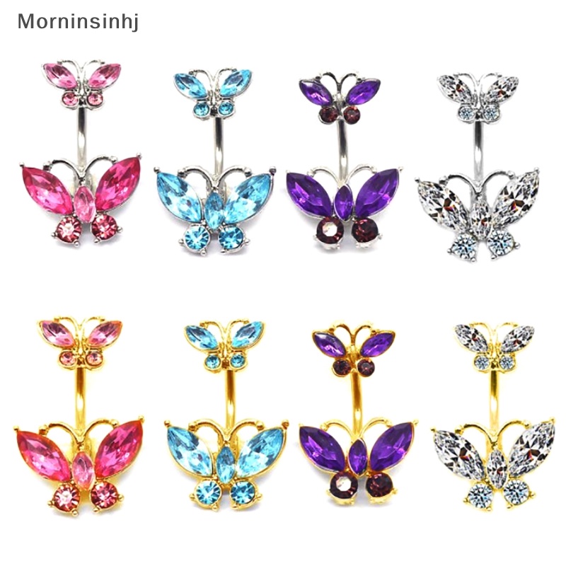 Mornin Shiny Double Butterfly Glass Belly Button Ring Tren Indah Pusar Cincin Belly Ring Pusar Perhiasan Pusar Hadiah id