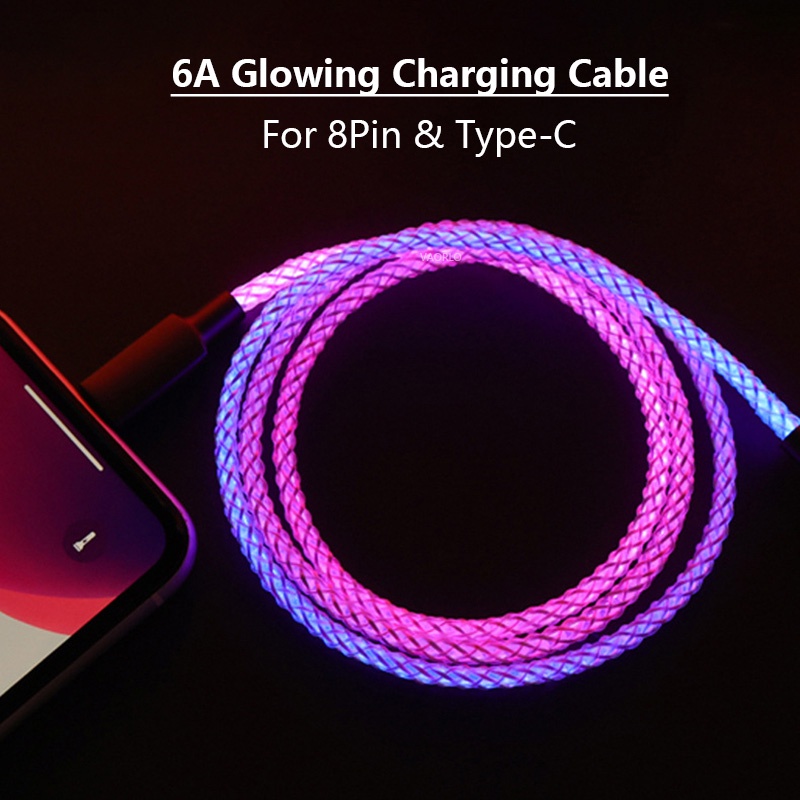 Rgb 100W PD USB-C Ke Tipe-C Kabel Pengisian Super Cepat 66W 30W Flow Cool Colorful Glowing Data Charger Line Untuk iPhone Android