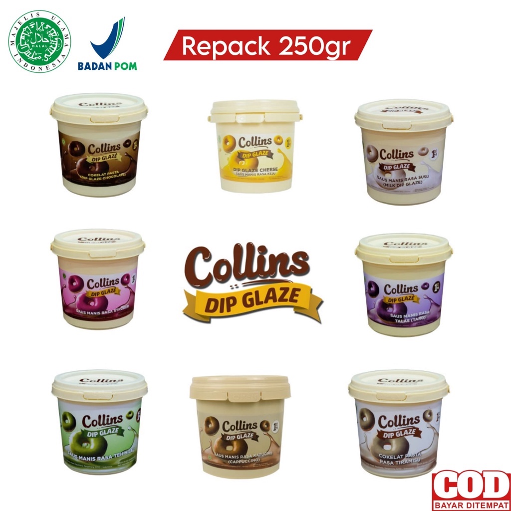 

GLAZE COLLINS All Variant Repack 250gr - Collins Dip GLAZE Donat Topping & Filling (Olesan&Isian)