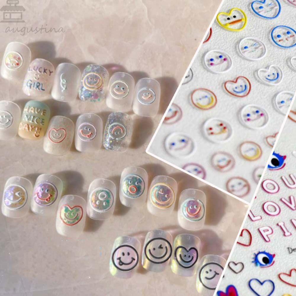 AUGUSTINA Agustin 5D Ukiran Stiker Kuku Warna-Warni Smiley Face Slider Decal Perekat DIY Nail Art Desgin