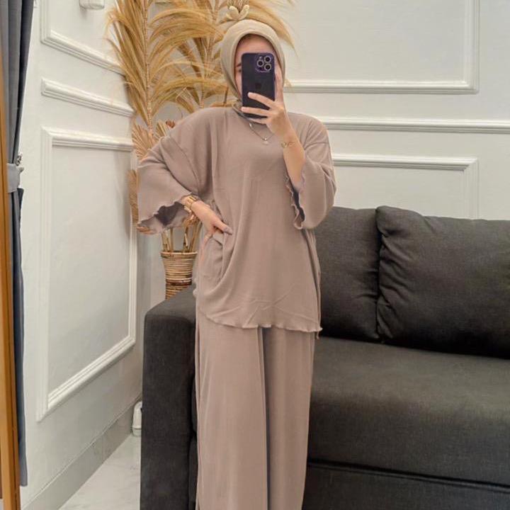 BEFAST - ZNF OOTD WANITA ONESET LINA / LOREN ONE SET KNIT / Set Atasan Lengan Panjang+Celana Kulot Panjang / Pakaian Casual Wanita Terbaru / Outfit Daily Wanita Hijab / Fashion kekinian Remaja ABG / Oneset Polos Terlaris