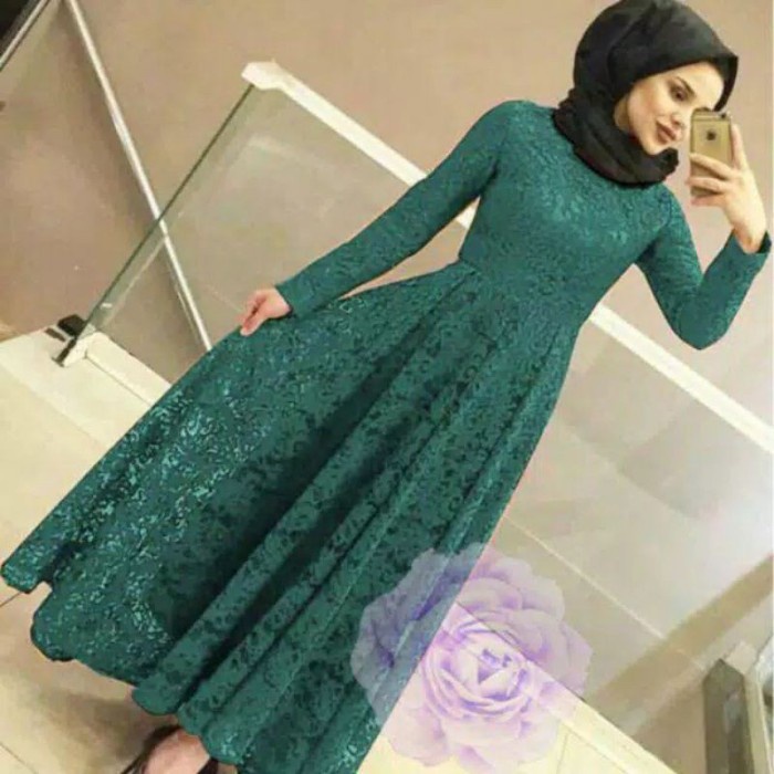 GAMIS YUNI MAXI BRUKAT TERBARU 2021/GAMIS BRUKAT TULANG GLITER - hijau botol, L