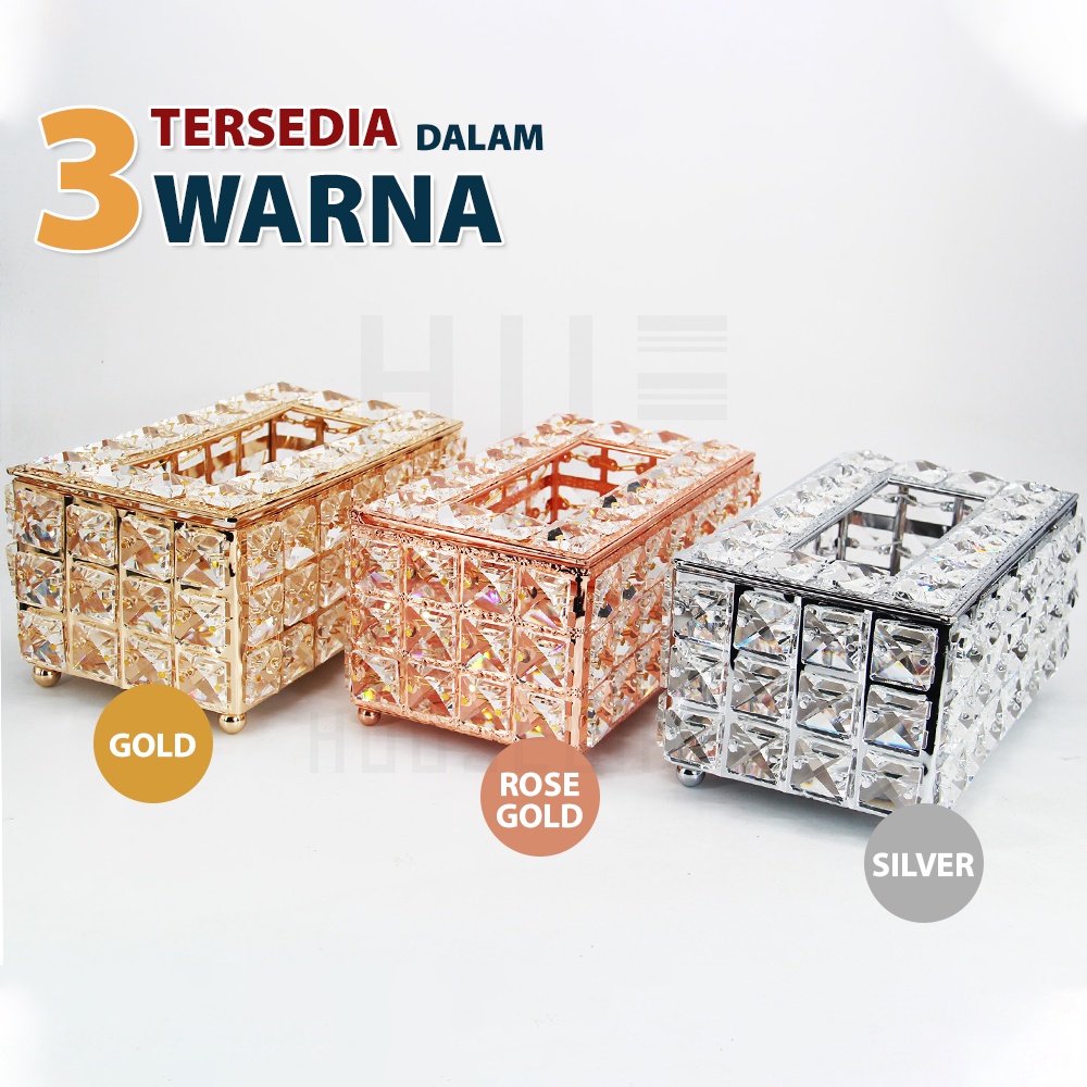 HUGO Kotak Tisu Tempat Penyimpanan Tisu Kristal Premium Wadah Tissue Emas Mewah