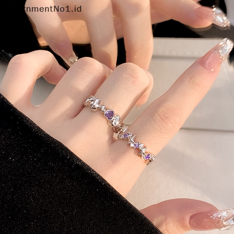 [AdornmentNo1] Baru berlian imitasi ungu mengkilap pembukaan pasangan cincin Vintage kristal bintang yang dapat disesuaikan Y2K perhiasan hadiah