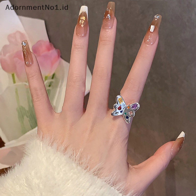 [AdornmentNo1] Vintage Butterfly Heart Open Rings untuk wanita Aesthetic perhiasan Fashion Simple Adjustable Colorful Zircon Finger Ring aksesoris