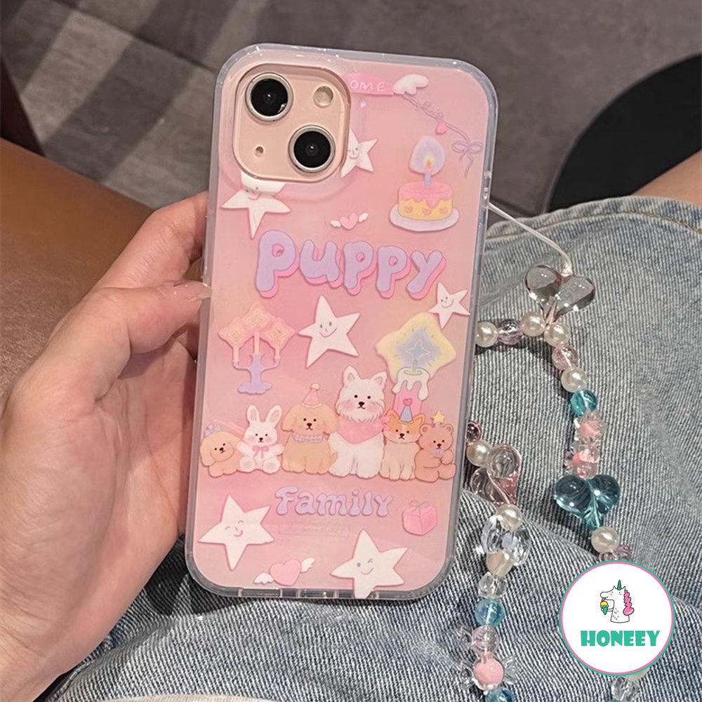 Korea Lovely Pink Puppy Dog Phone Case Compatible for iPhone 14 Pro 13 12 Pro Max Casing iPhone 11 Colorful Bracelet Acrylic Shockproof Back Cover