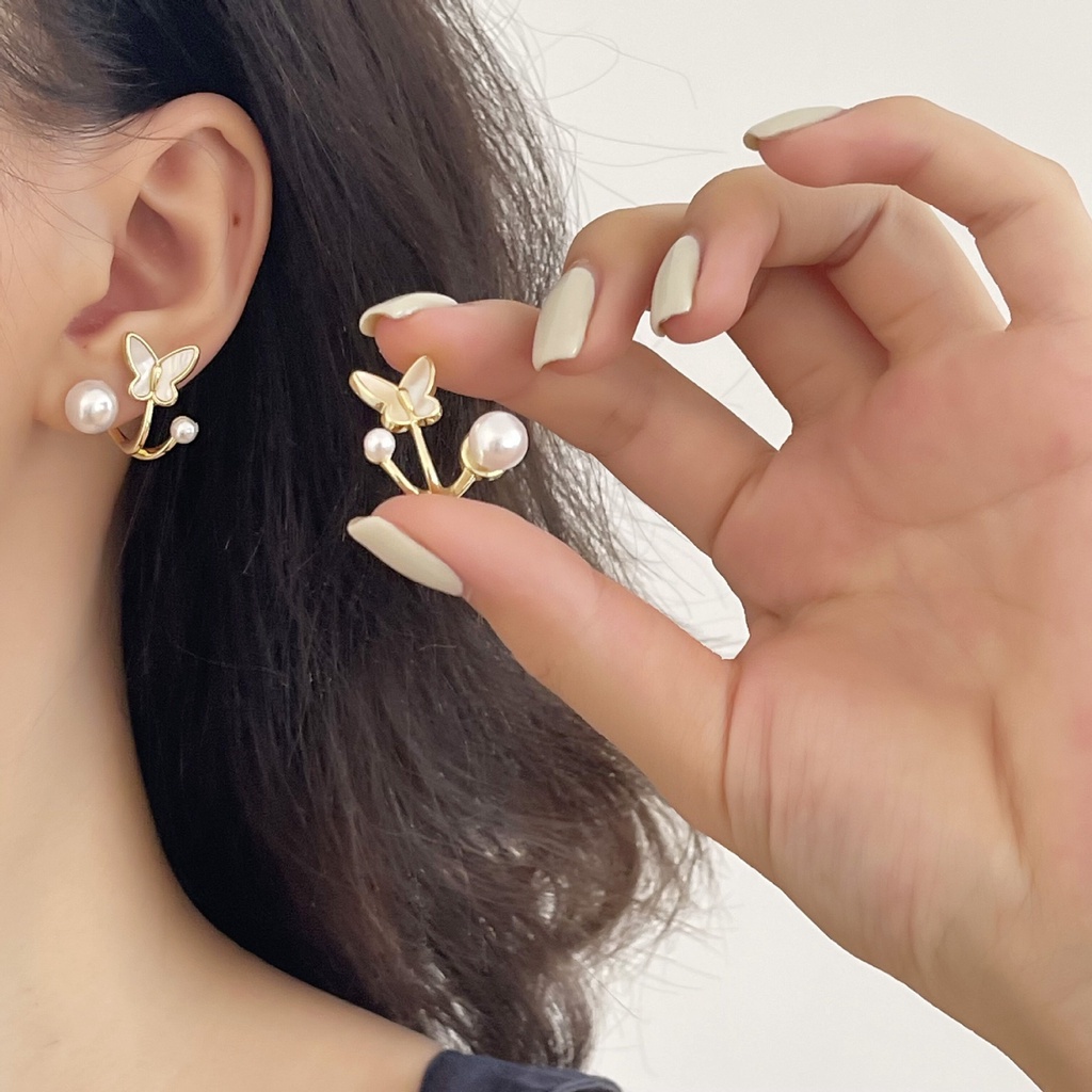 Fashion anting tusuk kupu mutiara emas untuk wanita aksesori perhiasan Hypoallergenic