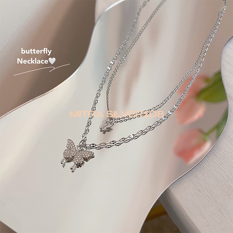 Kalung Kupu Kupu Layer Wanita Fashion Korea Rantai Klavikula Liontin Double Butterfly Necklace Multilayer Warna Silver NL 23