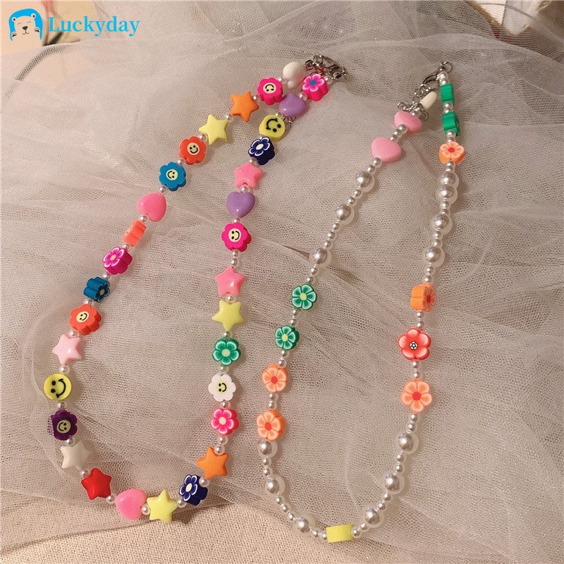 Yeezii Fashion Beads kalung kartun pelangi gelang untuk wanita elegan hati wajah senyum cincin perhiasan aksesoris