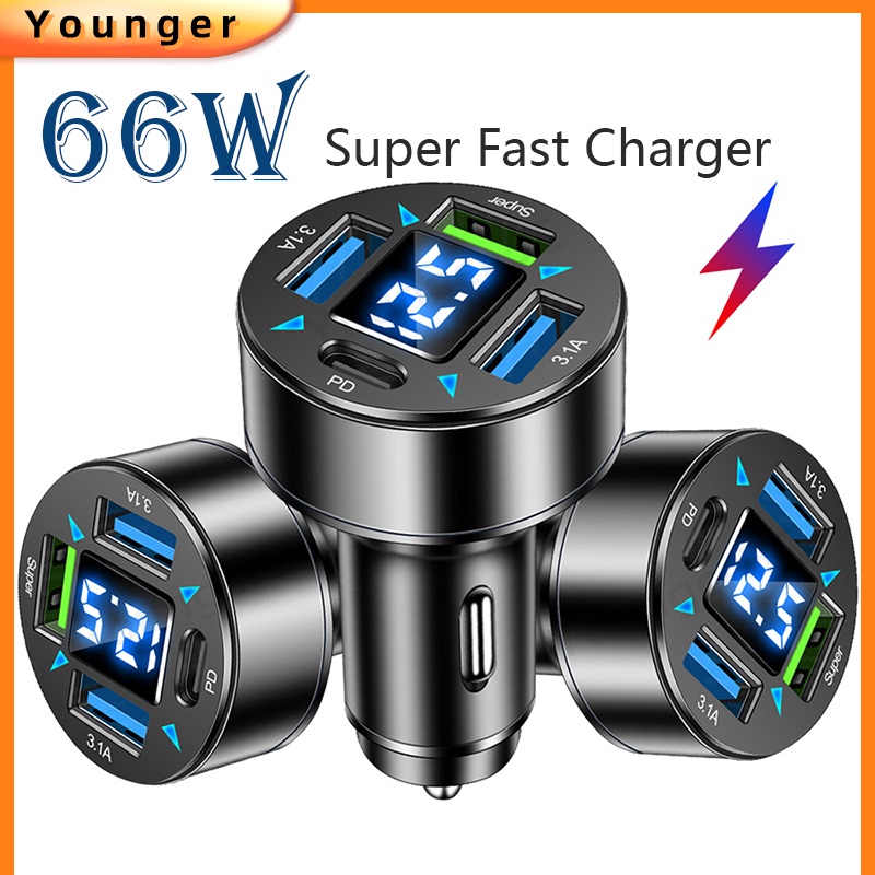 66w 4in1 Tampilan Digital Adaptor Perjalanan Pengisian Super Cepat 3USB+PD Charger Kendaraan Dengan Tegangan 4USB Travel Adoptor