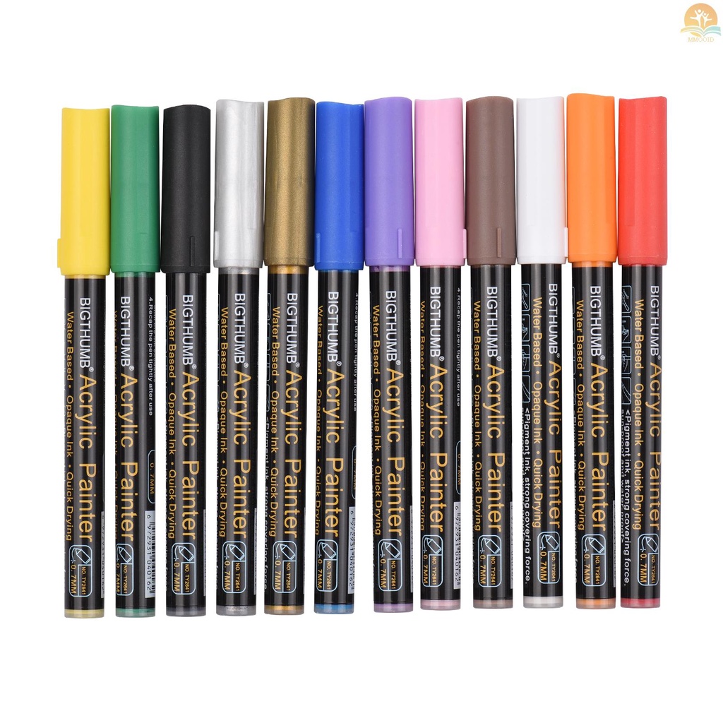 In Stock BIGTHUMB Pulpen Spidol Cat Akrilik 12warna Vibrant Set Pelukis Akrilik Warna Cerah Pena Cat Water Based Cepat Kering Tidak Beracun Untuk Batuan Logam Kaca Kayu Keramik Po