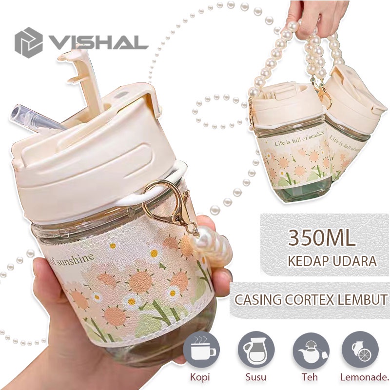 VISHAL Botol Korea Sunflower Aesthetic Tali Mutiara / Botol Minum Kaca Motif Bunga Matahari Botol Travel Lucu Unik VS-345