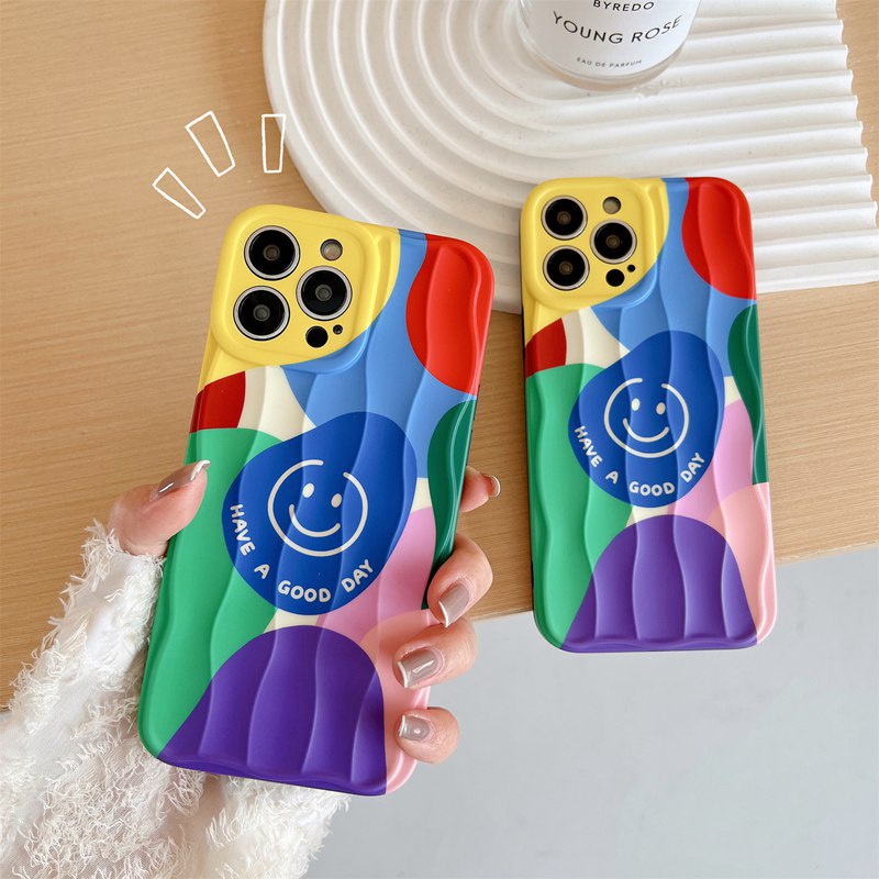 Colorful Block Smile Soft Silicon Case HP iP iPhone 14 + Plus 12 13 Pro Max 11 IMD Wave Casing Apple