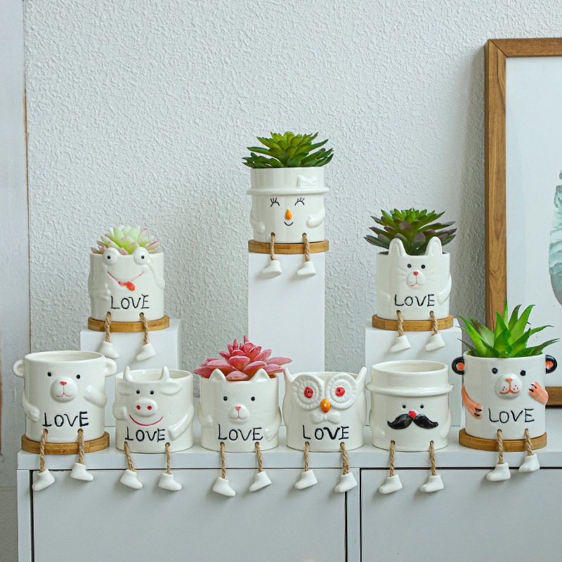 ღ Pot Bunga Lucu Kreatif Keramik Kaki Gantung Pot Bunga Tanaman Berdaging Boneka Dekorasi Desktop Succulent Wadah Aksesoris Dekorasi Rumah