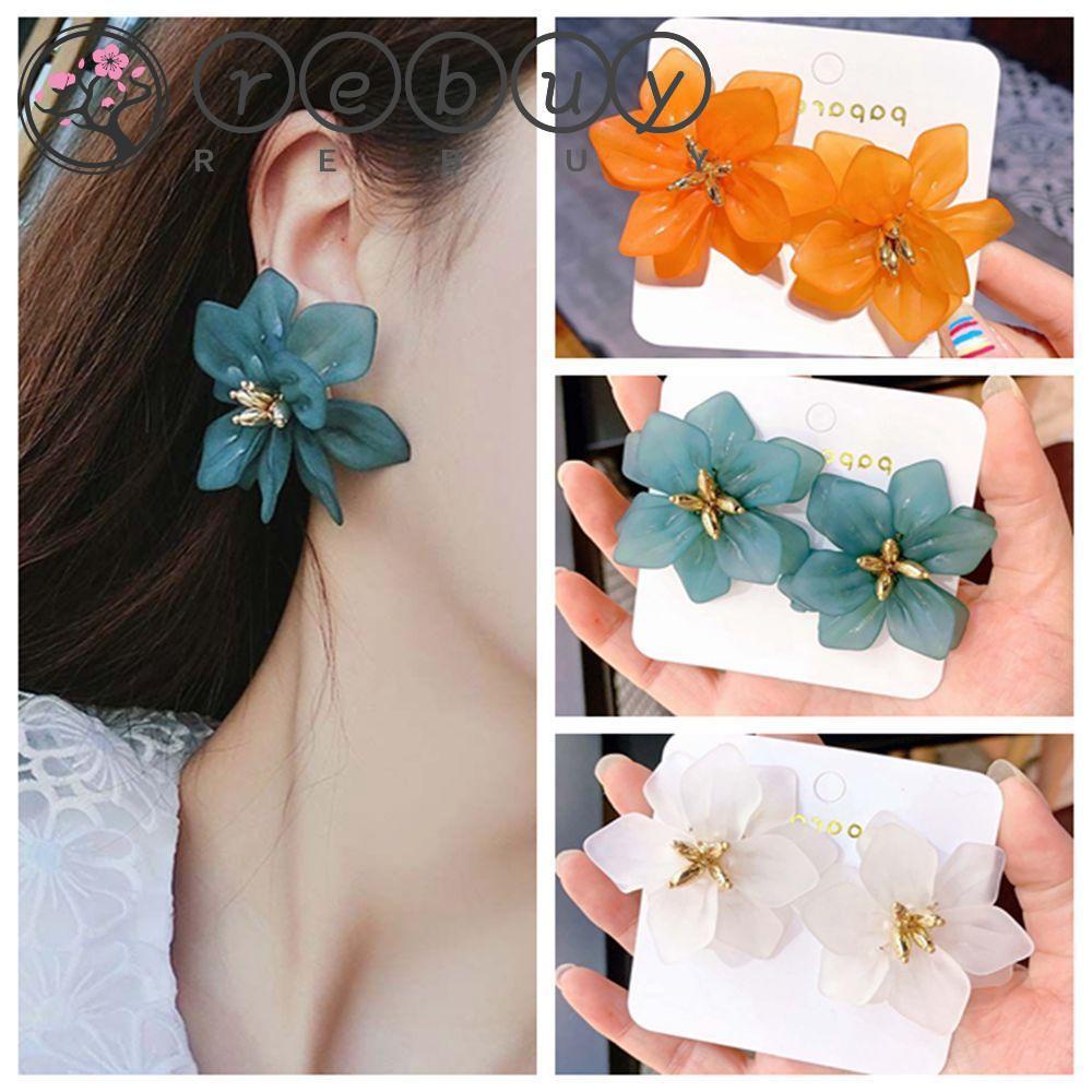 REBUY Rebuy Studs Earrings Desain Kreatif Logam Manis Warna Orange Putih Hijau Resin Akrilik Fashion Hadiah Untuk Wanita Perempuan 1pasang Perhiasan