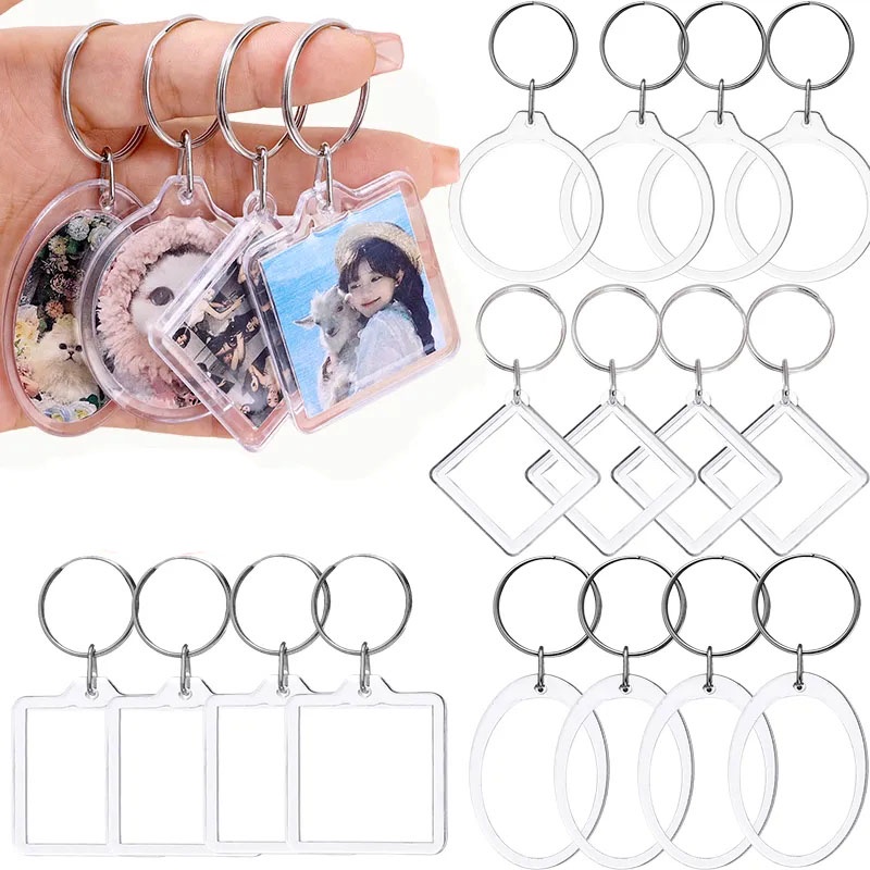 Split Ring Key Ring Custom Round Square Keyring Wanita Transparan Insert Foto Gantungan Kunci Pasangan Hadiah Akrilik Bening Kosong Bingkai Foto Pria Kreatif Gantungan Kunci Liontin DIY Untuk Tas