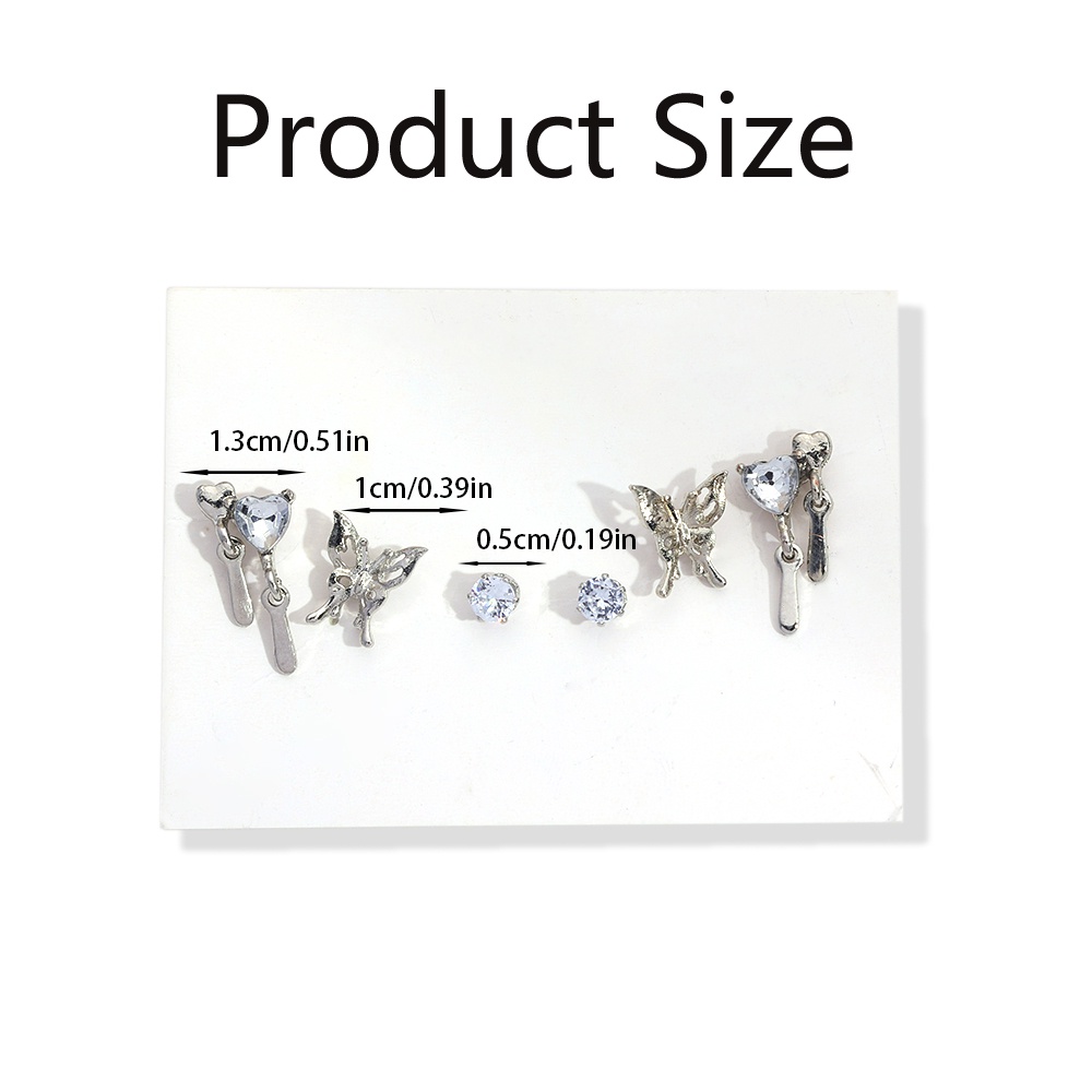 6pcs /Set Fashion Alloy Untuk Wanita INS Gaya Pesta Tindik Untuk Telinga Punk Y2K Berlian Imitasi Elegan Hati Liontin Anting Aksesoris Perhiasan Warna Silver Butterfly Stud Earrings