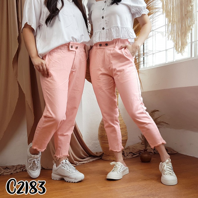 Celana jeans wanita  boyfriend pink peach panjang casual polos C2183