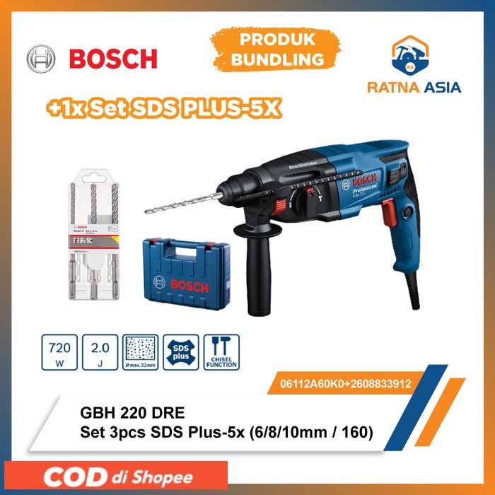 Bisa COD Mesin Bor Beton 20mm Bosch GBH 220 DRE + Set 3pcs SDS Plus-5x