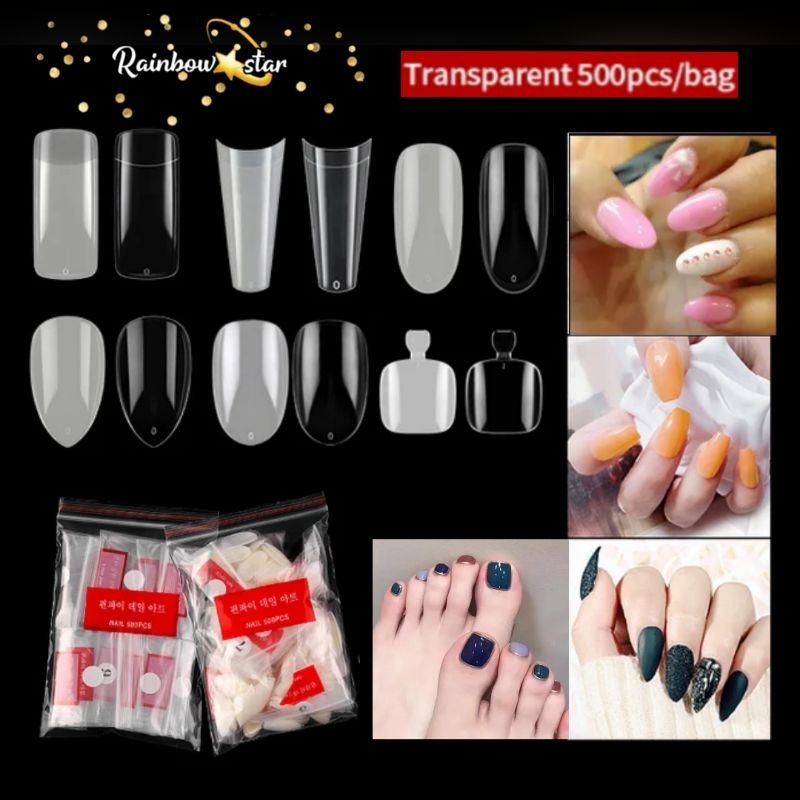 500pc Kuku Palsu Polos Clear Stiletto Coffin Almond Oval Fake Nail Half / Full Tip Nail Extension / 