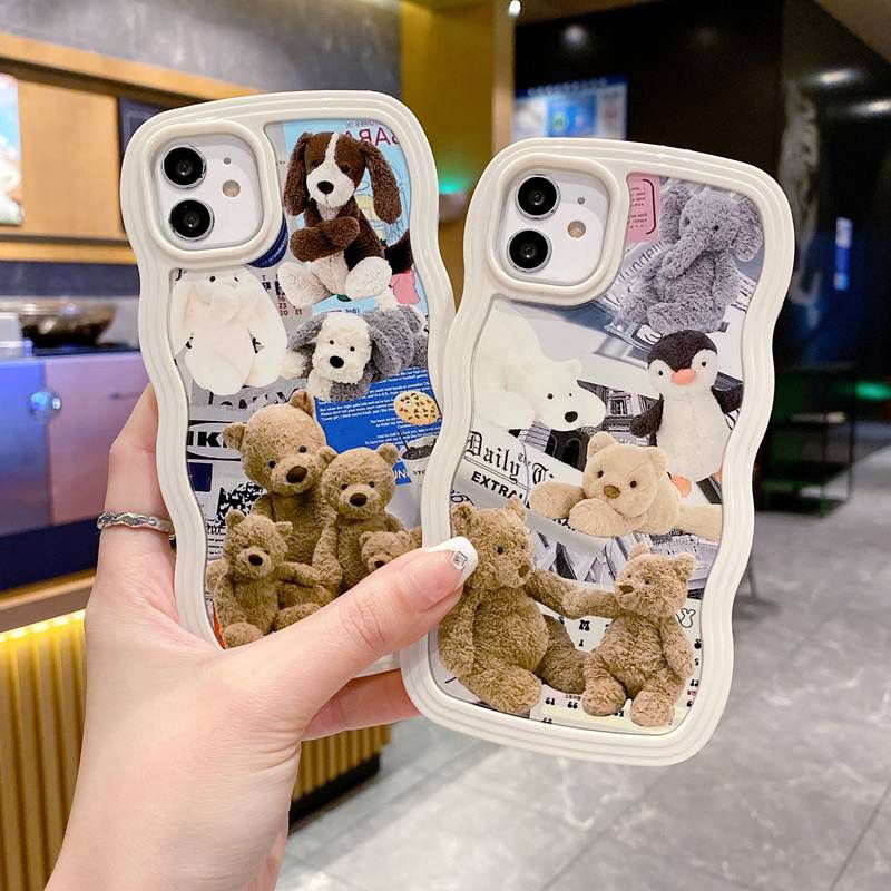 Lovely Brown Bear Family 2in1 Wave Soft Case HP iP iPhone 14 13 12 11 Pro X XS XR Max 7 8 + Plus White FTD Casing Apple