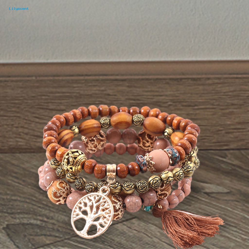 Lilyscent 4 Pcs Unisex Fashion Manik-Manik Kayu Rumbai Untai Bangle Gelang Perhiasan Hadiah