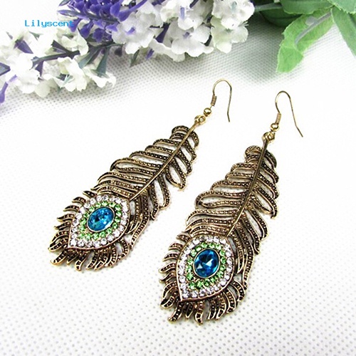 Lilyscent Vintage Wanita Berlian Imitasi Merak Mata Bulu Menjuntai Kait Anting Perhiasan