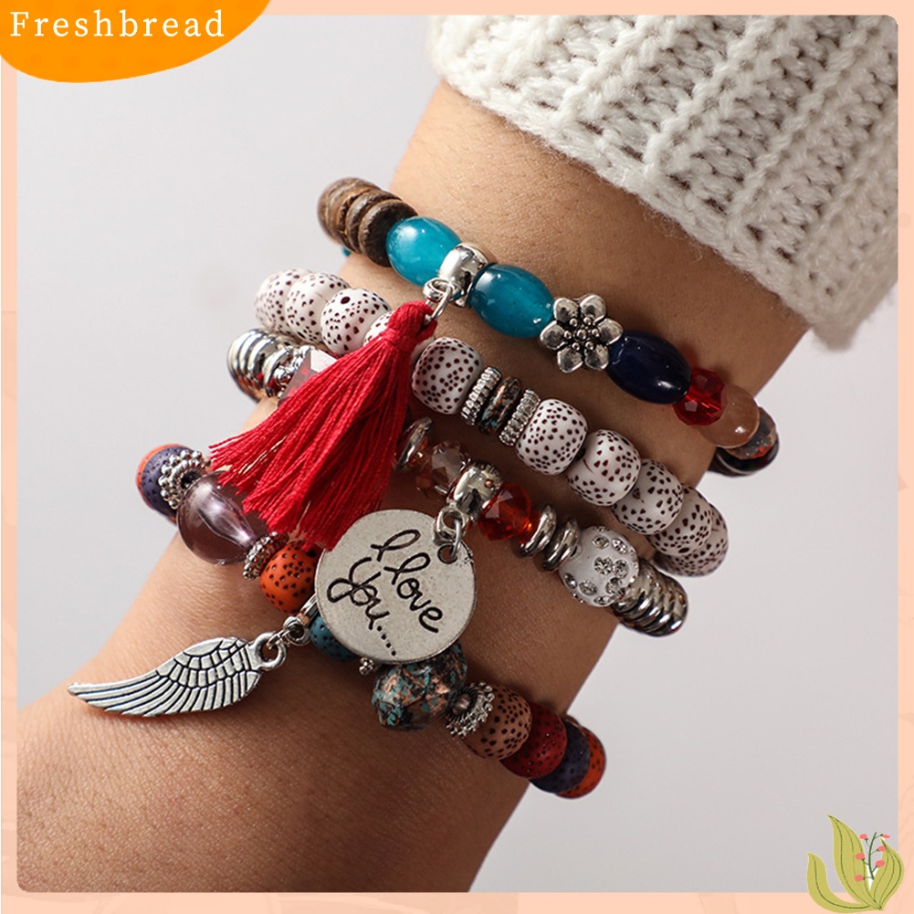 &lt; Freshbread &gt; 4Pcs/Set Gaya Bohemian Huruf Jumbai Bunga Manik-Manik Liontin Wanita Perhiasan