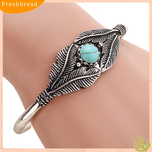 &lt; Freshbread &gt; Retro Wanita Manik Daun Bulu Alloy Ujung Terbuka Manset Bangle Boho Perhiasan Etnik