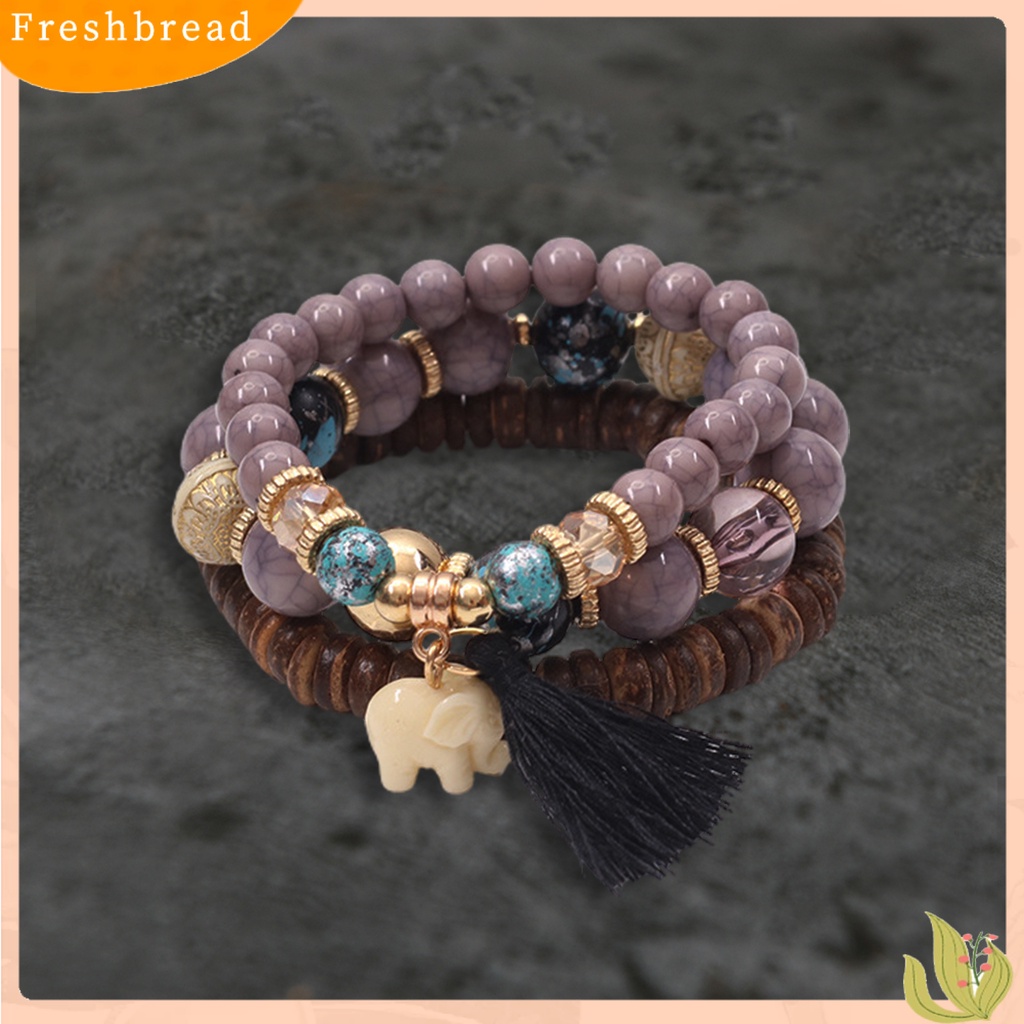 &lt; Freshbread &gt; 3Pcs Manik-Manik Kayu Rumbai Kombinasi Resin Gelang Hadiah Perhiasan Aksesoris