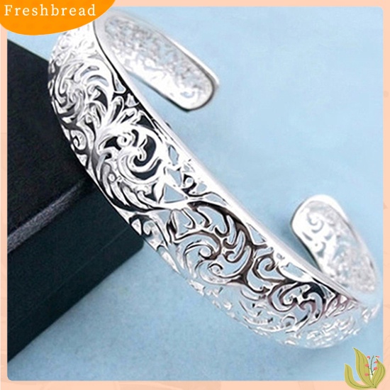 &lt; Freshbread &gt; Gelang Manset Bukaan Pengerjaan Indah Hollow Warna Silver Motif Ukir Retro Bangle Untuk Pesta