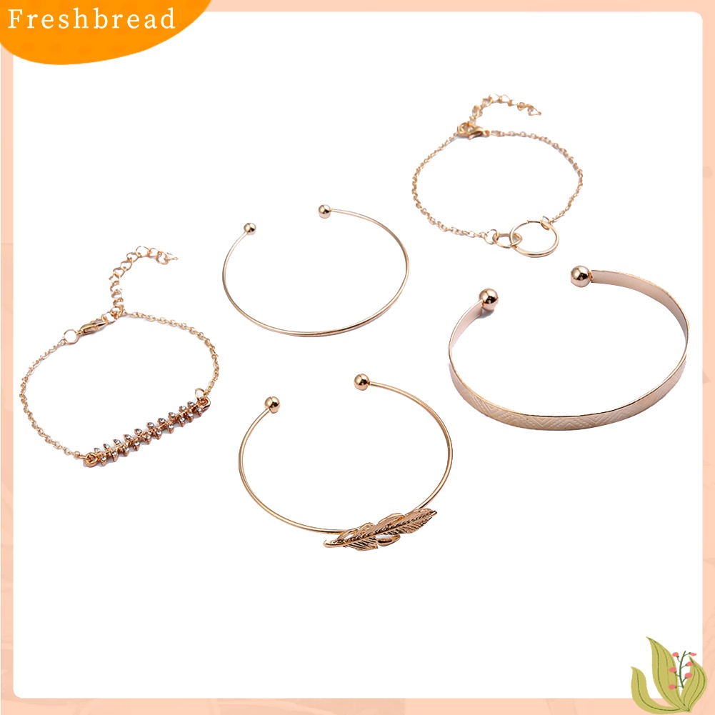 &lt; Freshbread &gt; 5Pcs/Set Wanita Fashion Daun Berlian Imitasi Bertatahkan Gelang Terbuka Gelang Perhiasan