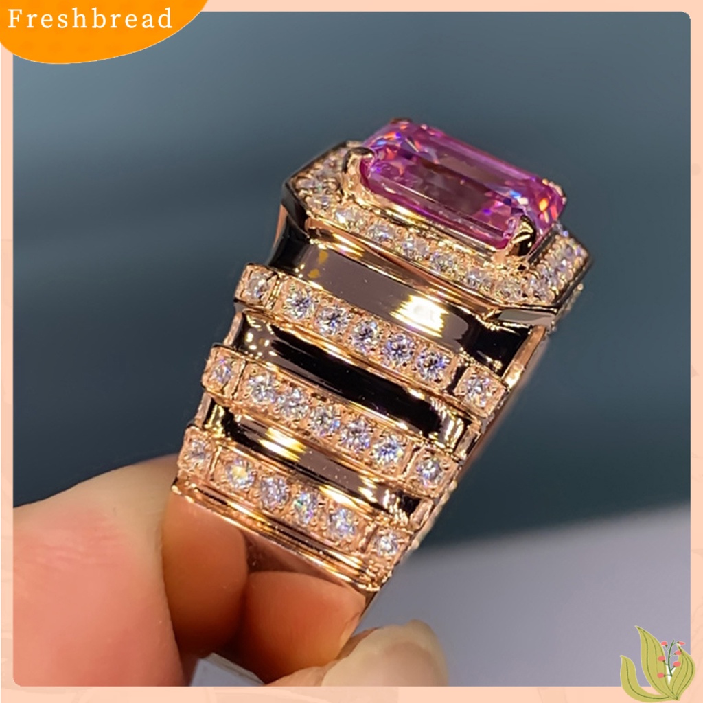 &lt; Freshbread &gt; Pengerjaan Halus Cincin Jari Tembaga Mulia Merah Muda Persegi Cubic Zirconia Pernikahan Band Perhiasan Aksesori