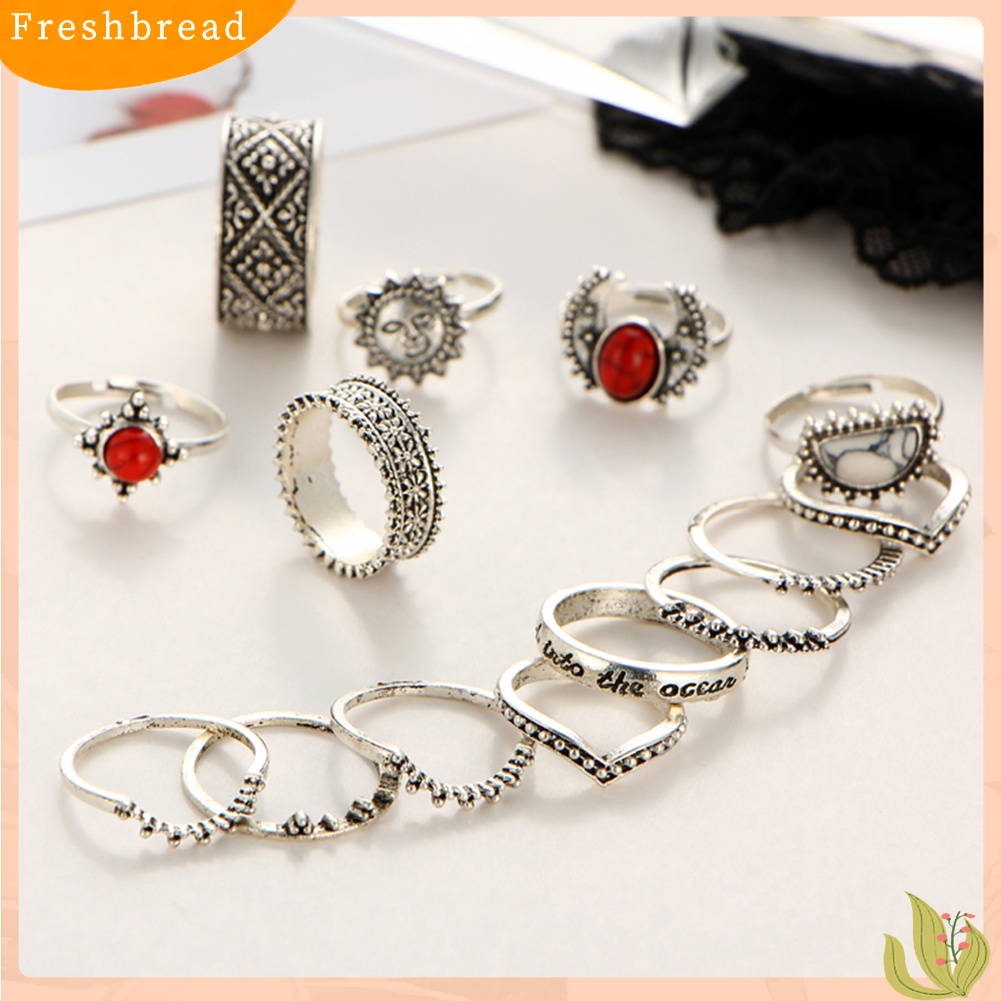 &lt; Freshbread &gt; 14 Pcs Wanita Punk Vintage Merah Turquoise Perhiasan Midi Knuckle Rings Set Hadiah