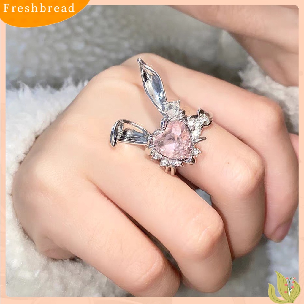 &lt; Freshbread &gt; Cincin Jari Adjustable Indah Berlian Imitasi Merah Muda Hati Indah Telinga Kelinci Wanita Jari Cincin Hadiah Hari Valentine