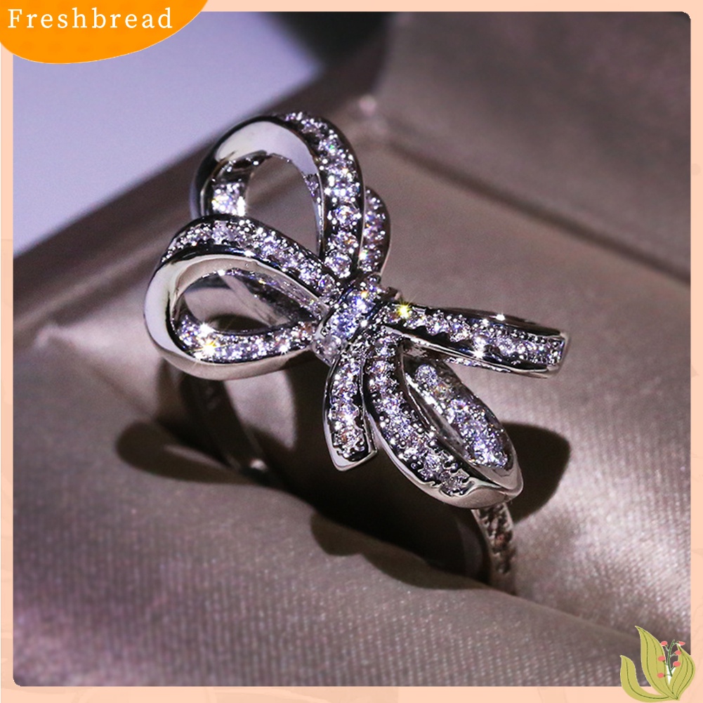 &lt; Freshbread &gt; Wanita Elegan Cubic Zirconia Bertatahkan Busur Jari Cincin Hadiah Perhiasan Pesta Pernikahan