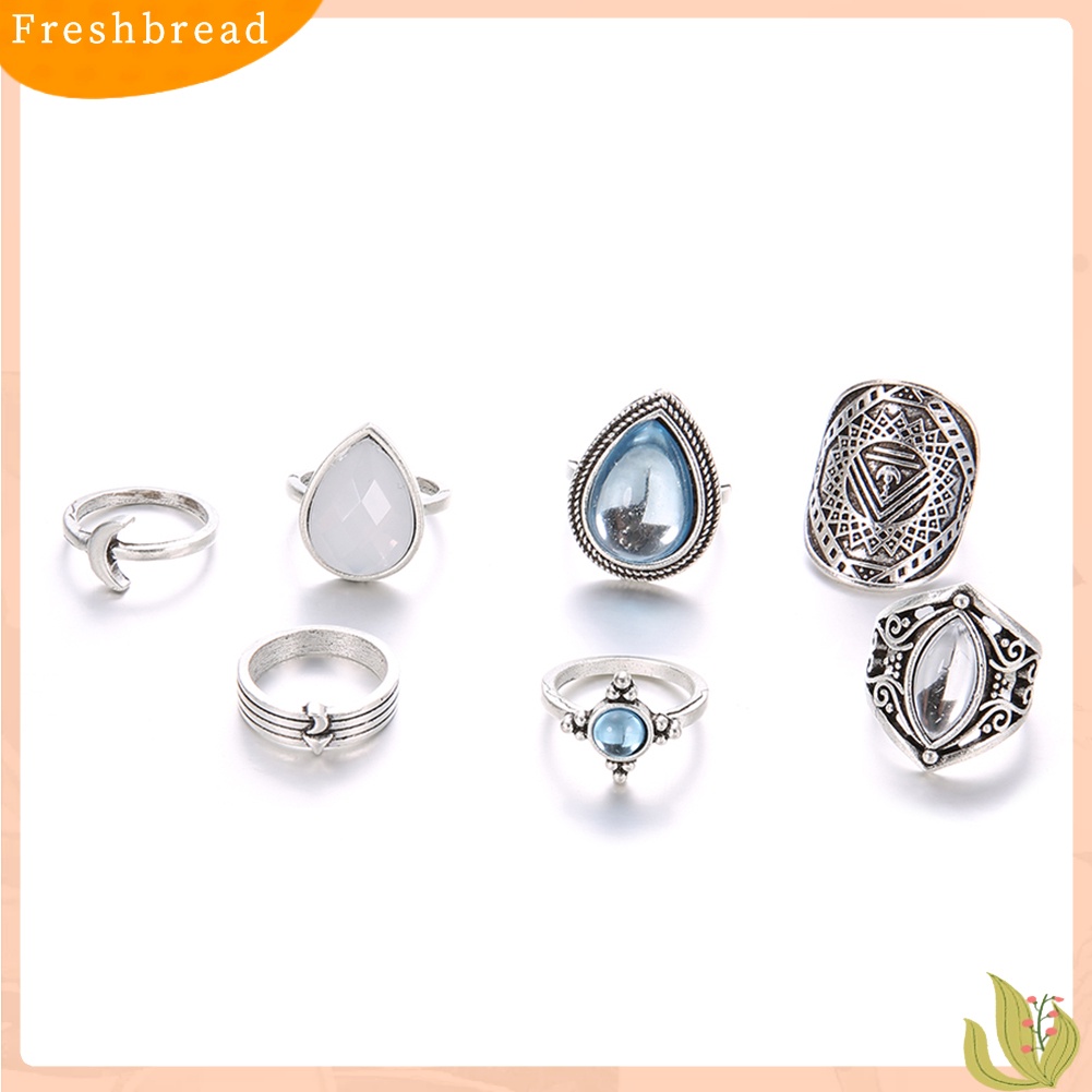 &lt; Freshbread &gt; 7Pcs/Set Wanita Retro Buatan Opal Tetesan Air Bulan Jari Buku Jari Cincin Perhiasan