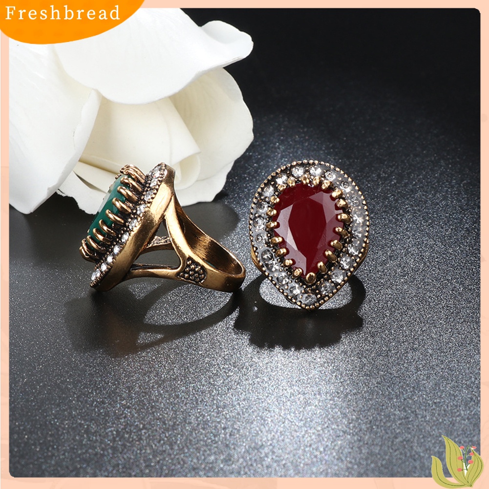 &lt; Freshbread &gt; Antik Teardrop Resin Berlian Imitasi Mengkilap Bertatahkan Jari Cincin Wanita Perhiasan Hadiah