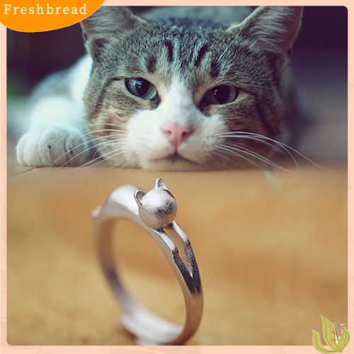 &lt; Freshbread &gt; Fashion Wanita Kucing Lucu Perak Berlapis Cincin Jari Terbuka Yang Dapat Disesuaikan Hadiah Xmas